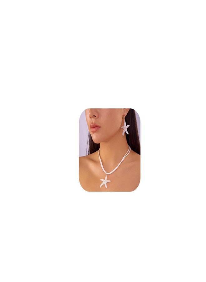 WFik Summer White Rope Chain Starfish Pendant Necklace Earrings Sets Bikini Multi-layered Clavicle Chain Necklace Crystal Big Starfish Earrings for Women (White) - Image 1